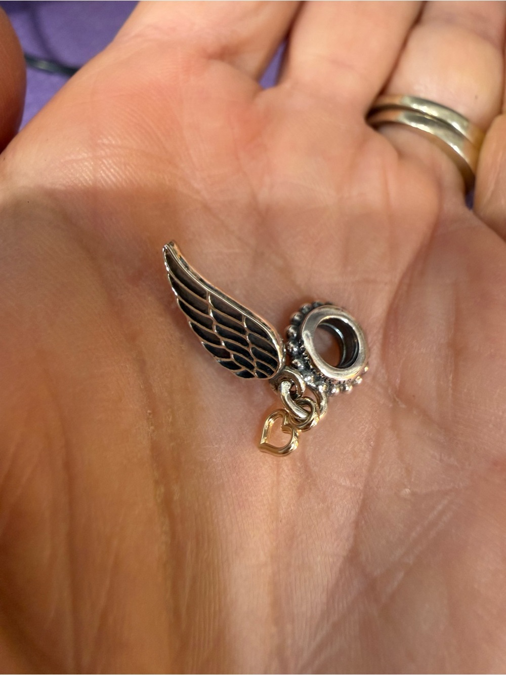 Pandora Love and Guidance Silver Angel Wing with 14kt Gold dangle Heart